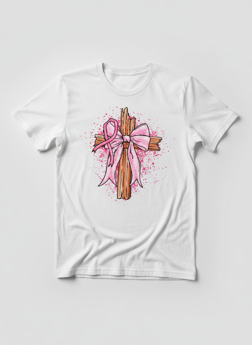 Breast cancer on a cross with a pink bow