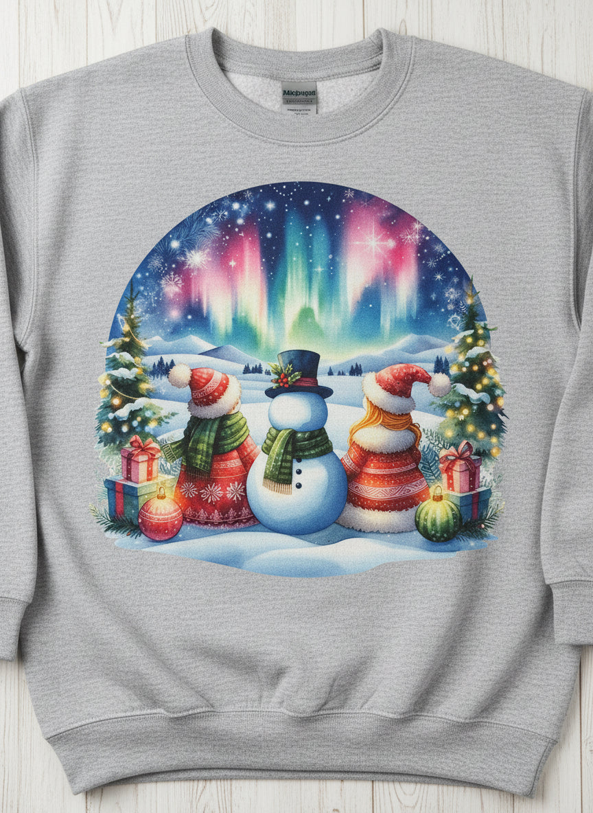 Snowman and friends with northern lights